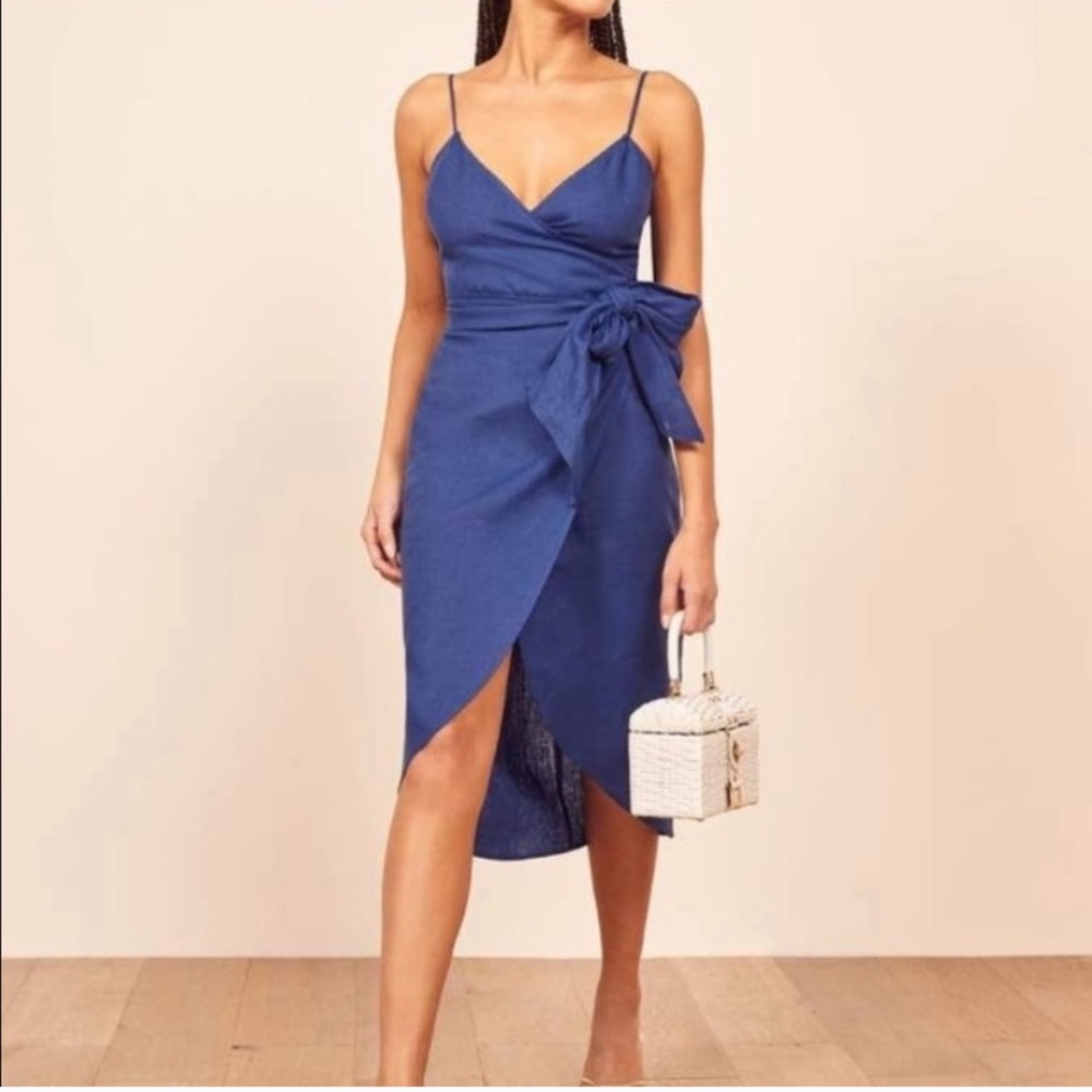 Reformation Royal Blue Wrap Midi Dress with Side Bow